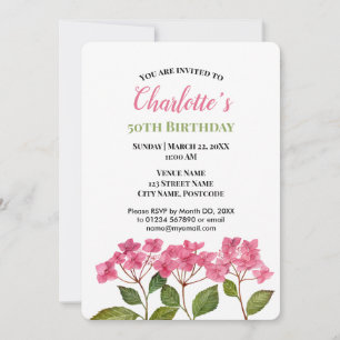 Watercolor Pink Hydrangeas Lacecaps Birthday Invitation
