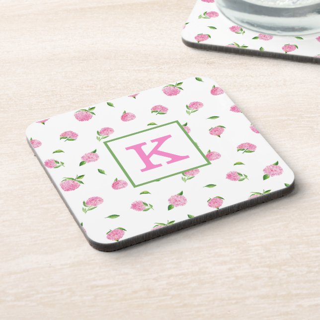 Watercolor Pink Hydrangeas Monogram Beverage Coaster (Left Side)