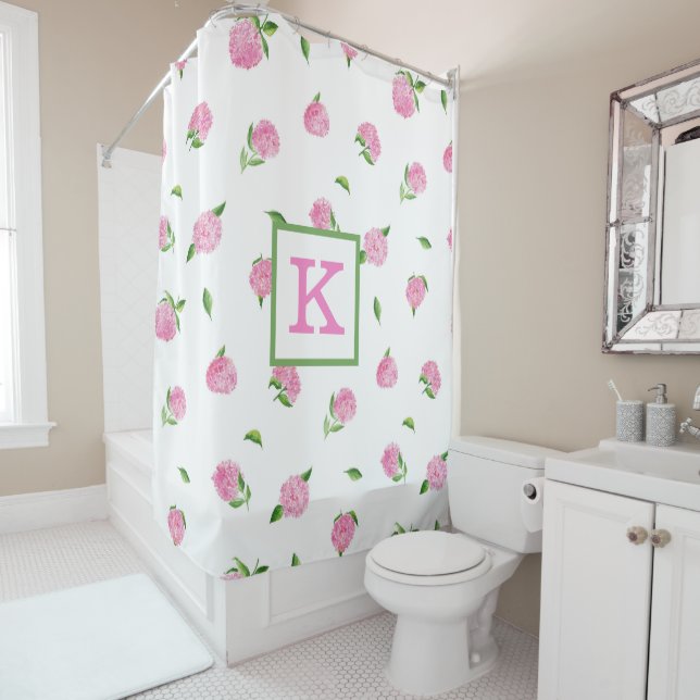 Watercolor Pink Hydrangeas Monogram Shower Curtain (In Situ)