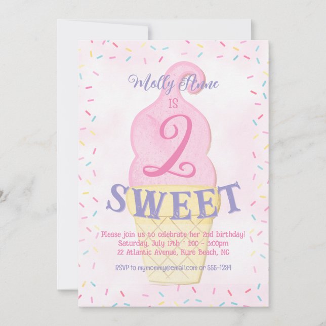 Watercolor Pink Ice Cream Cone 2nd Birthday Girl Invitation (Front)