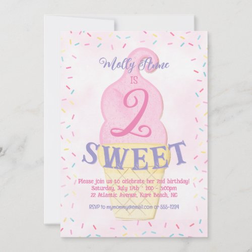 Watercolor Pink Ice Cream Cone 2nd Birthday Girl Invitation