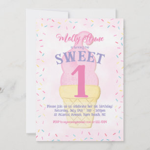 Watercolor Pink Ice Cream Cone Birthday Girl Invitation