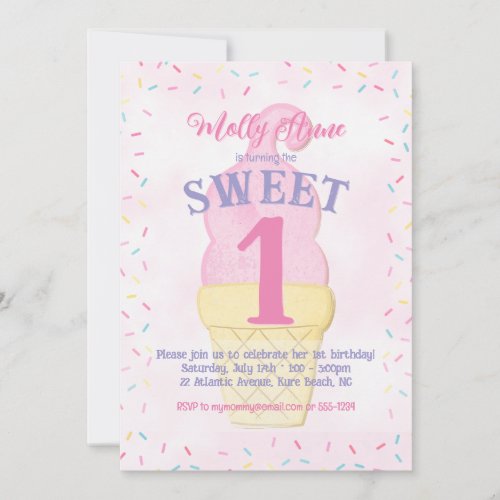 Watercolor Pink Ice Cream Cone Birthday Girl Invitation
