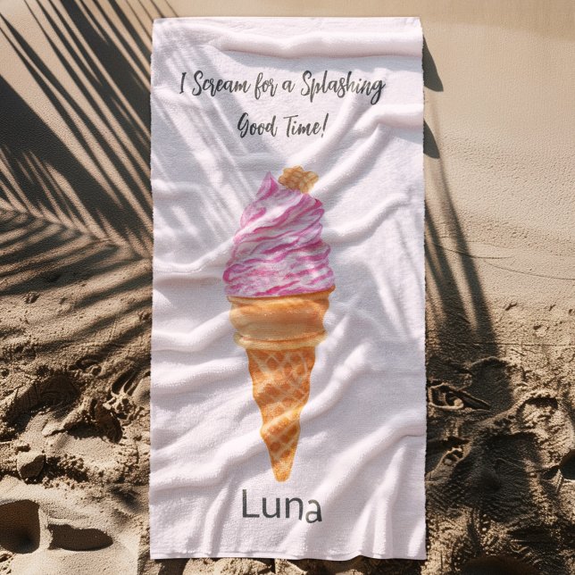 Watercolor Pink Ice Cream Personalized  Beach Towel (Creator Uploaded)