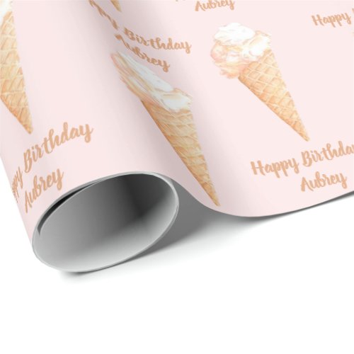 Watercolor Pink Ice Cream Personalized Birthday  Wrapping Paper