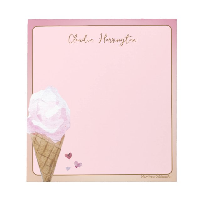 Watercolor Pink Ice Cream Personalized Dessert Notepad (Front)