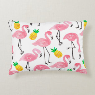 Watercolor pink ink flamingo and yellow pineapple accent pillow