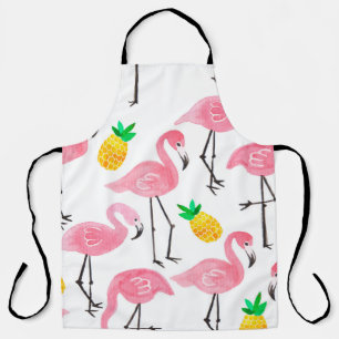Watercolor pink ink flamingo and yellow pineapple apron