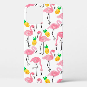 Watercolor pink ink flamingo and yellow pineapple iPhone 12 case