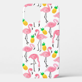 Watercolor pink ink flamingo and yellow pineapple iPhone 12 case