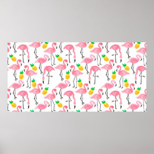 Watercolor pink ink flamingo and yellow pineapple poster