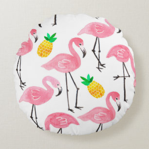 Watercolor pink ink flamingo and yellow pineapple round pillow