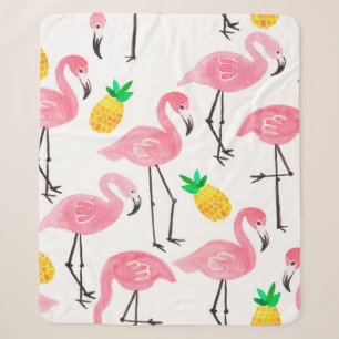 Watercolor pink ink flamingo and yellow pineapple sherpa blanket