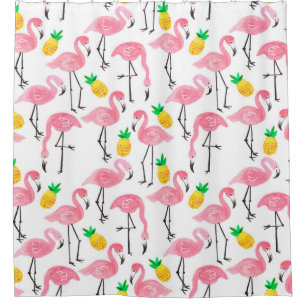 Watercolor pink ink flamingo and yellow pineapple  shower curtain