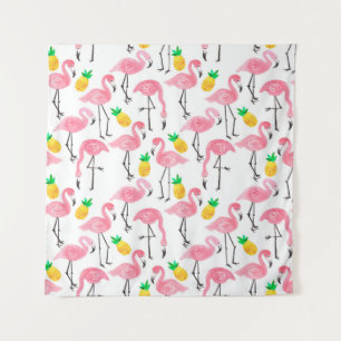 Watercolor pink ink flamingo and yellow pineapple tapestry