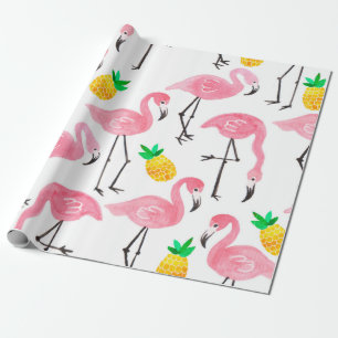 Watercolor pink ink flamingo and yellow pineapple wrapping paper