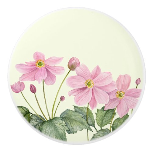 Watercolor Pink Japanese Anemone Floral Painting Ceramic Knob