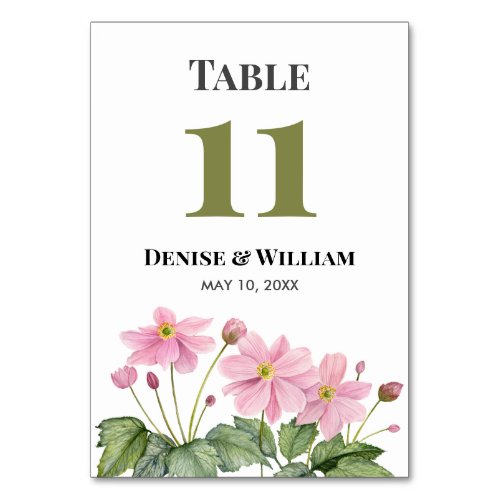Watercolor Pink Japanese Anemone Wedding Table Number