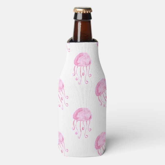watercolor pink jellyfish beach design bottle cooler (Bottle Front)