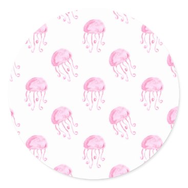 watercolor pink jellyfish beach design classic round sticker