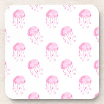watercolor pink jellyfish beach design drink coaster
