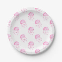 watercolor pink jellyfish beach design paper plates