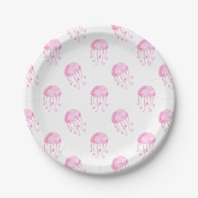 watercolor pink jellyfish beach design paper plates (Front)