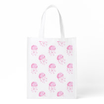 watercolor pink jellyfish beach design reusable grocery bag