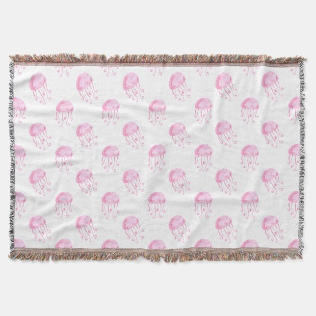 watercolor pink jellyfish beach design throw blanket (Front)