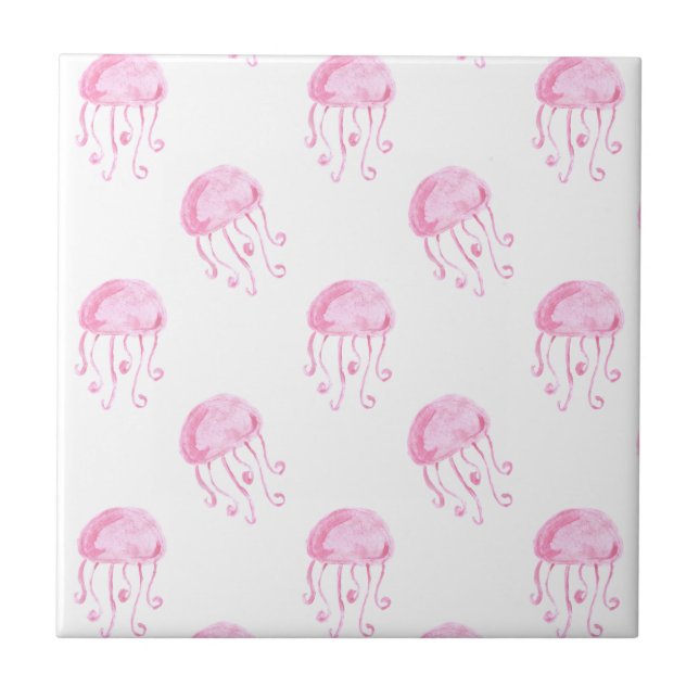 watercolor pink jellyfish beach design tile (Front)