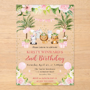 Watercolor Pink Jungle Animals Kids Birthday Acrylic Invitations