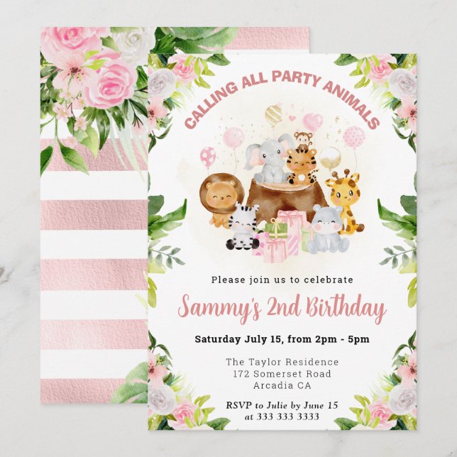 Watercolor Pink Jungle Animals Kids Birthday Invitation (Front/Back)