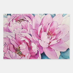 Watercolor Pink Large Peony Flowers Wrapping Paper Sheets