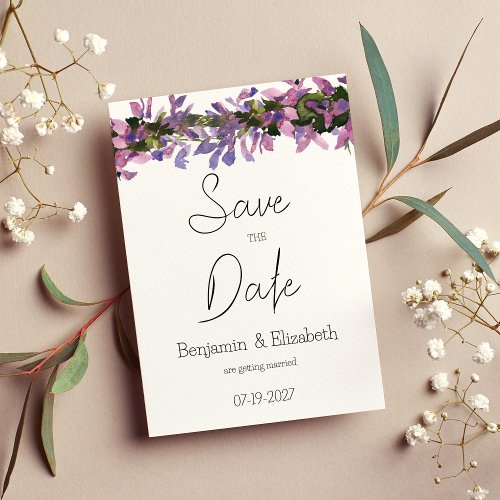 Watercolor pink lavender green flora Save the Date Invitation