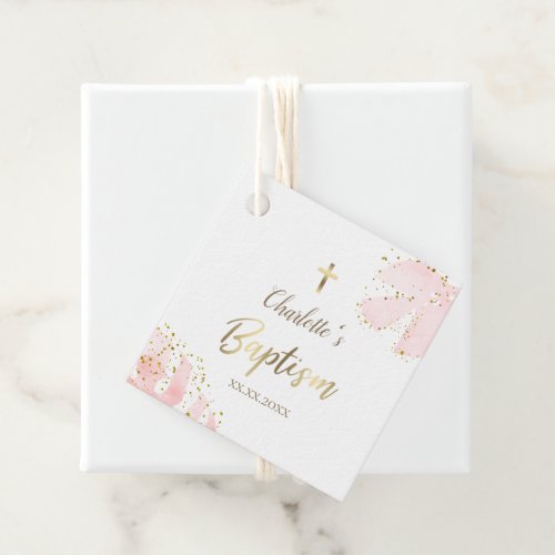 watercolor pink leaves glitter   Baptism  Favor Tags