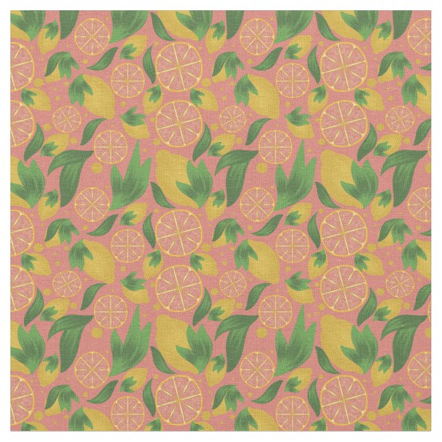 Watercolor Pink Lemon Fruit Pattern  Fabric (Close Up)