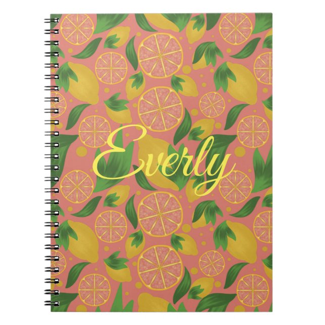 Watercolor Pink Lemon Fruit Personalized Notebook (Front)