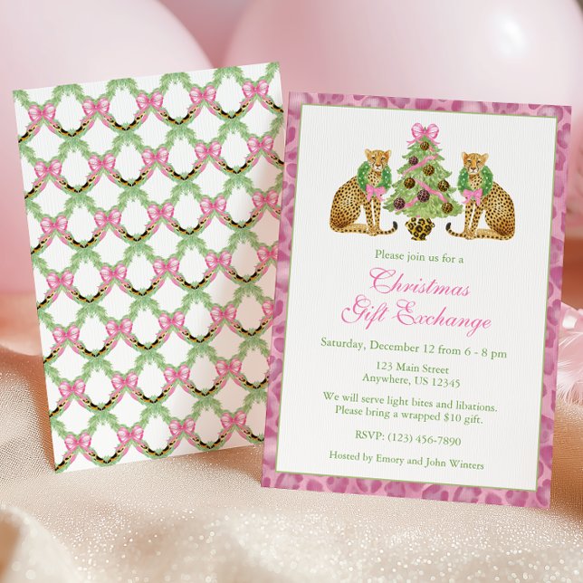 Watercolor Pink Leopard Christmas Tree Party Invitation (Creator Uploaded)
