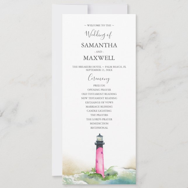 Watercolor Pink Lighthouse Wedding Program (Front)