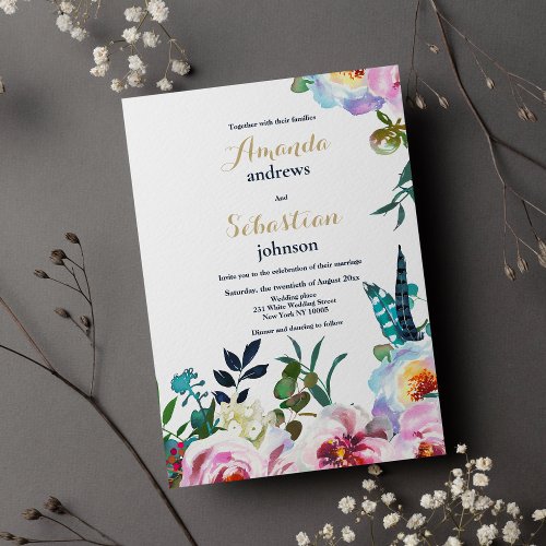Watercolor pink lilac white green floral wedding invitation