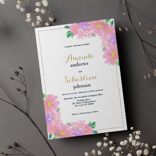 Watercolor pink lilac white green floral wedding invitation