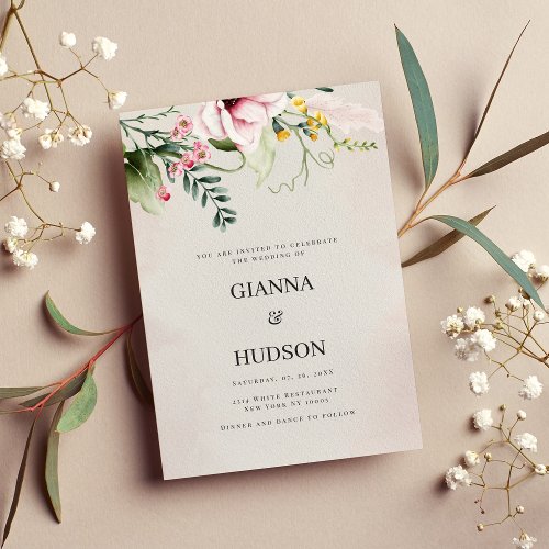 Watercolor pink lilac yellow green floral wedding  invitation