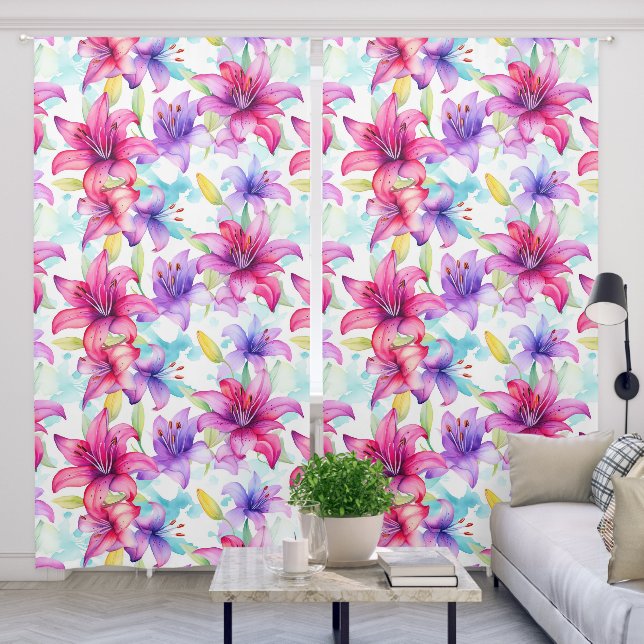 Watercolor Pink Lillies Floral Flower Pattern Blackout Curtains (Living Room)