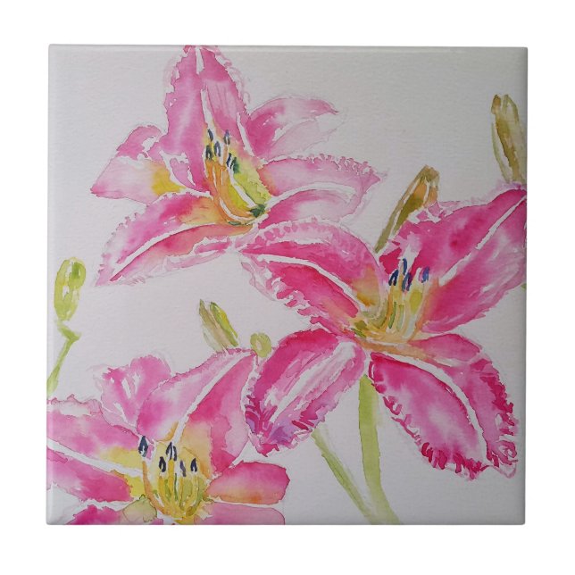 Watercolor Pink Lily Flower Floral Ceramic Tile (Front)