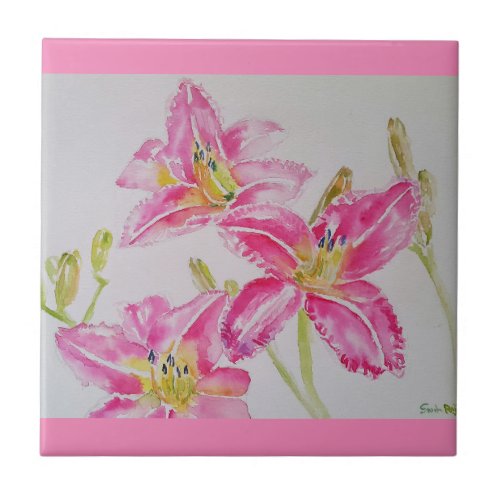 Watercolor Pink Lily Flower Floral Ceramic Tile