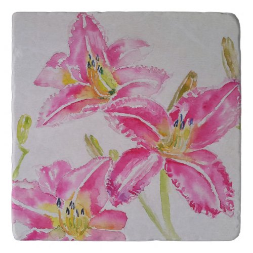 Watercolor Pink Lily Flower Floral Ceramic Tile Trivet