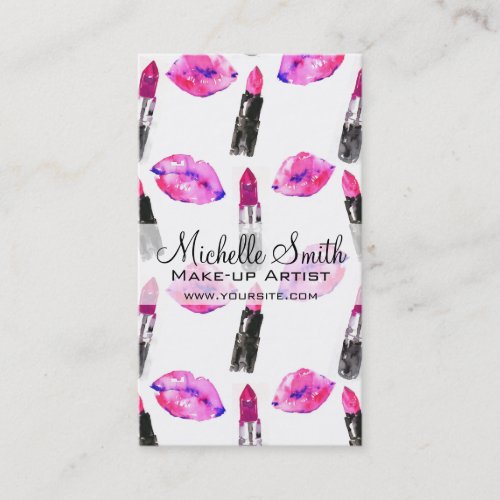 Watercolor pink lips lipstick  pattern makeup business card