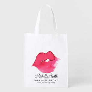 Watercolor pink lips makeup branding grocery bag