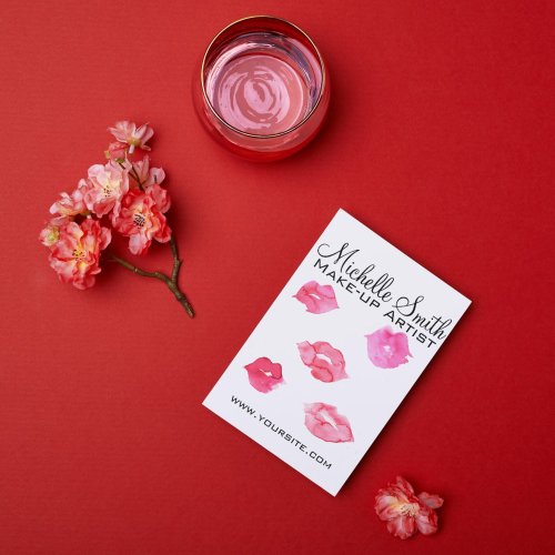 Watercolor pink lips makeup branding postcard