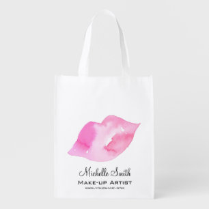 Watercolor pink lips makeup branding reusable grocery bag